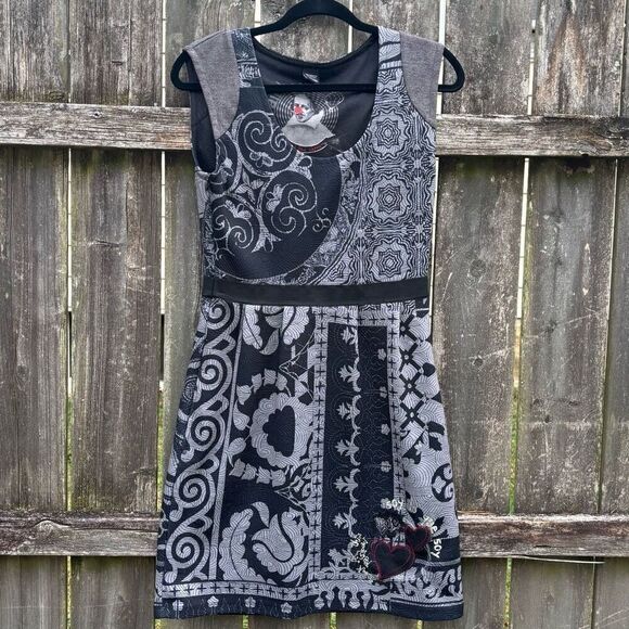 Desigual Printed Black Gray Bodycon Dress Medium - Picture 2 of 7